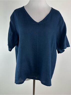 FLAX Navy Blue V Neck Linen Top Size Large